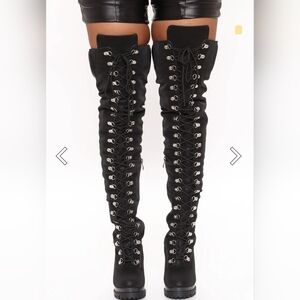 Thigh High Heeled Boot / Combat - black womens 8
